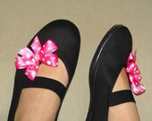 mary janes woman shoes, handmade pink polka dots bow, black cotton, flexible sole, gym ballet flats dance dancing summer dress  shoes
