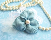 Blue Polymer Clay Flower and Freshwater pearl - Lace Brooch - Accessorize Anything -  Beautifully Packaged