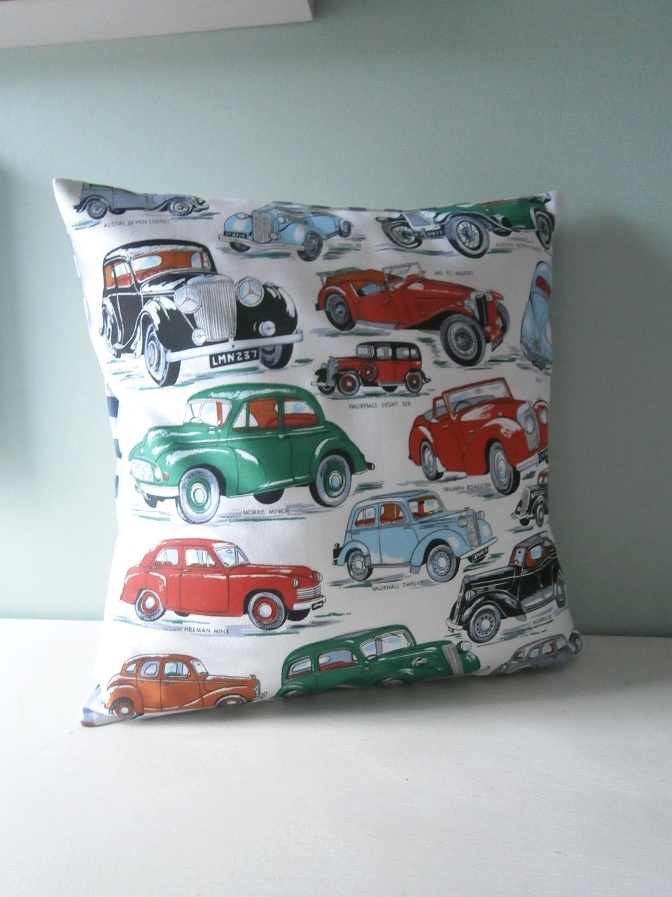 OOAK Classic Car Cushion / Pillow cover Upcycled Teatowel