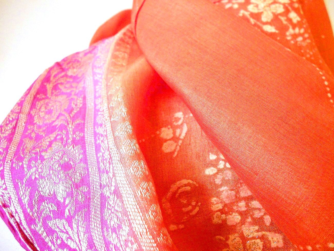 Orange Infinity Scarf, Silk Scarf, Circle Scarf, Indian Scarf, Silk Sari Scarf, Vintage Sari Scarf