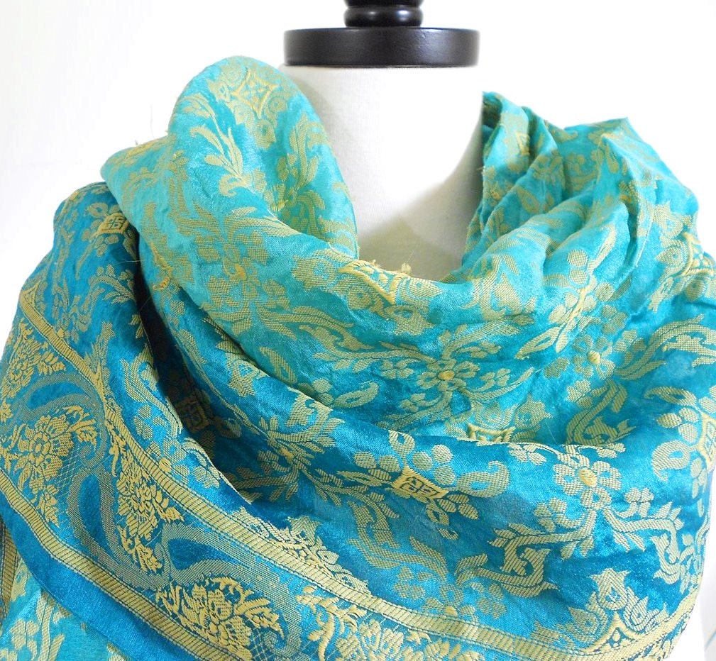Teal Scarf, Aqua Scarf, Green Silk Scarf, Silk Sari Scarf, Indian Scarf, Paisley Scarf