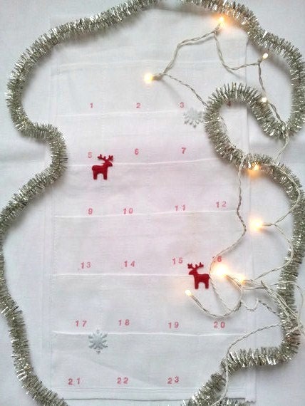 Scandinavain Christmas advent calendar. Heirloom linen countdown Christmas calender.