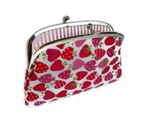 Pink Strawberry fabric kiss clasp frame coin purse made with divider and 2 sections- candy stripes