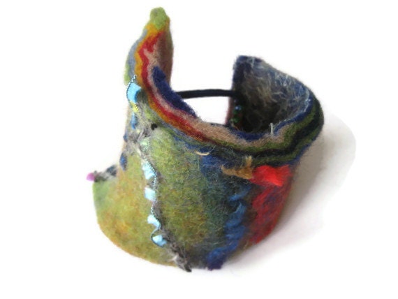 Felted bracelet wrist cuff arm warmer, 2 in 1 beaded one size adjustable free form red green blue orange yellow tribal