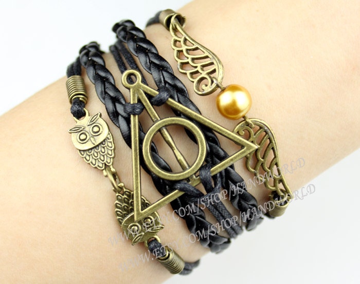 Antique Bronze Harry potter,Harry Potter Snitch and Owls Charm Bracelet,Leather Braided Bracelet-Personalized, Friendship gift-N1360