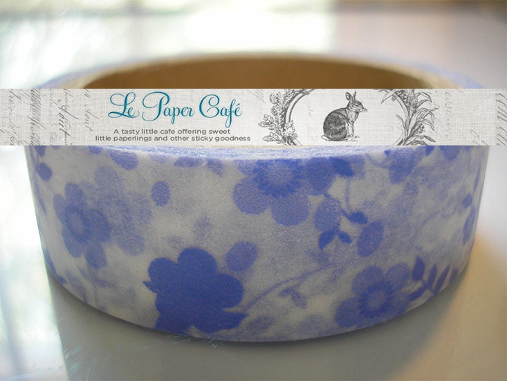 BLUE and WHITE Cottage FLOWERS Washi Tape - Shabby Pattern Masking Tape - 15mm x 5m