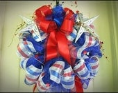 Star Spangled Patriotic Red White and Blue Deco Mesh Wreath