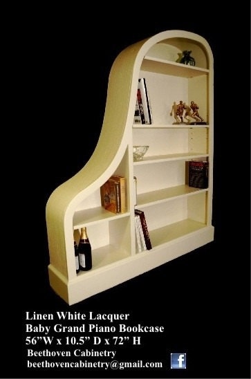 Baby Grand Piano Bookcases in     Cherry, Honduras Crotch Mahogany, Linen White Lacquer, Black Lacquer with Ebony Trim