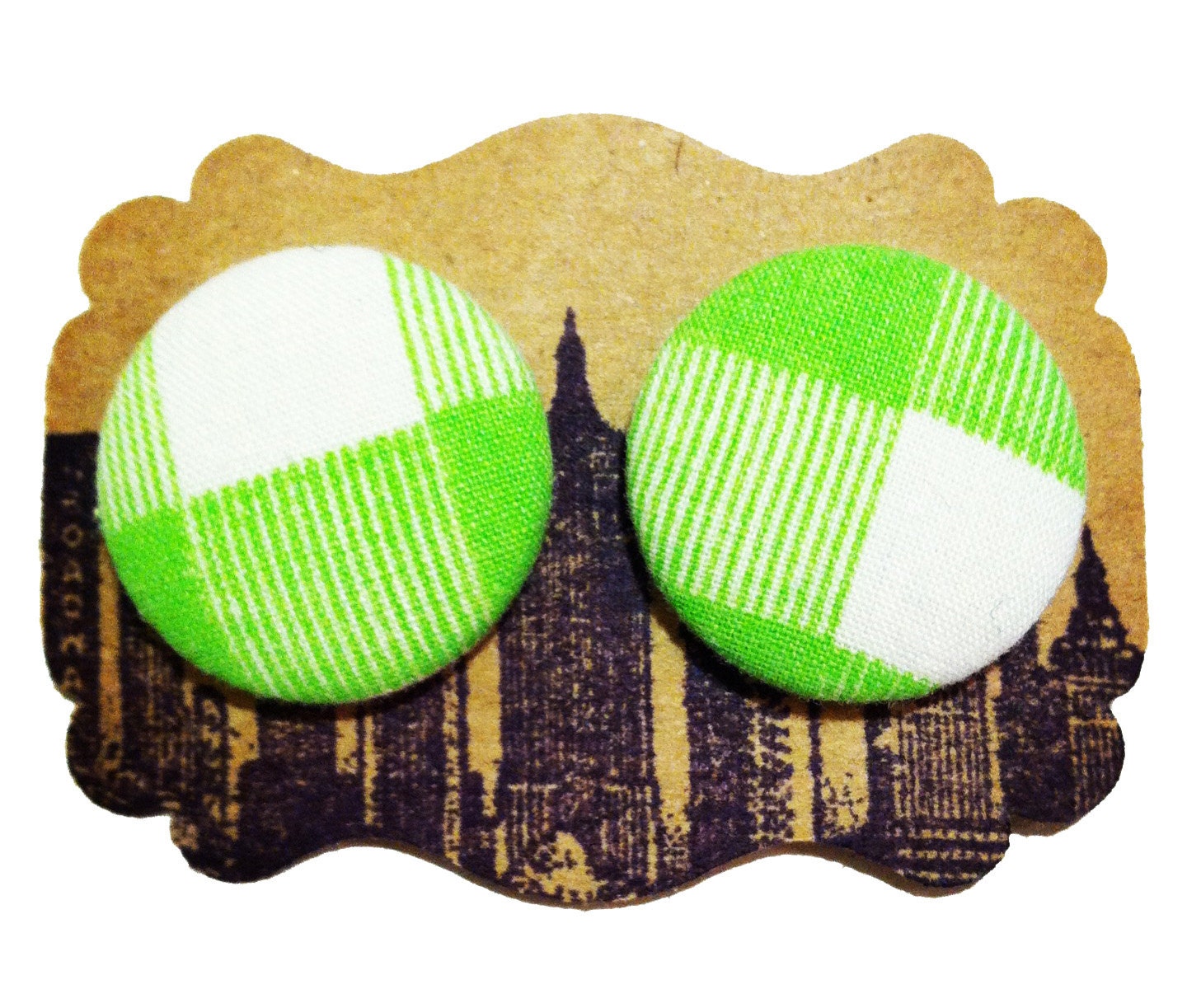 Handmade Button Earrings, Gingham Plaid, Lime Green, Vintage Fabric, Womens Jewelry, Accessories, Hypoallergenic Posts