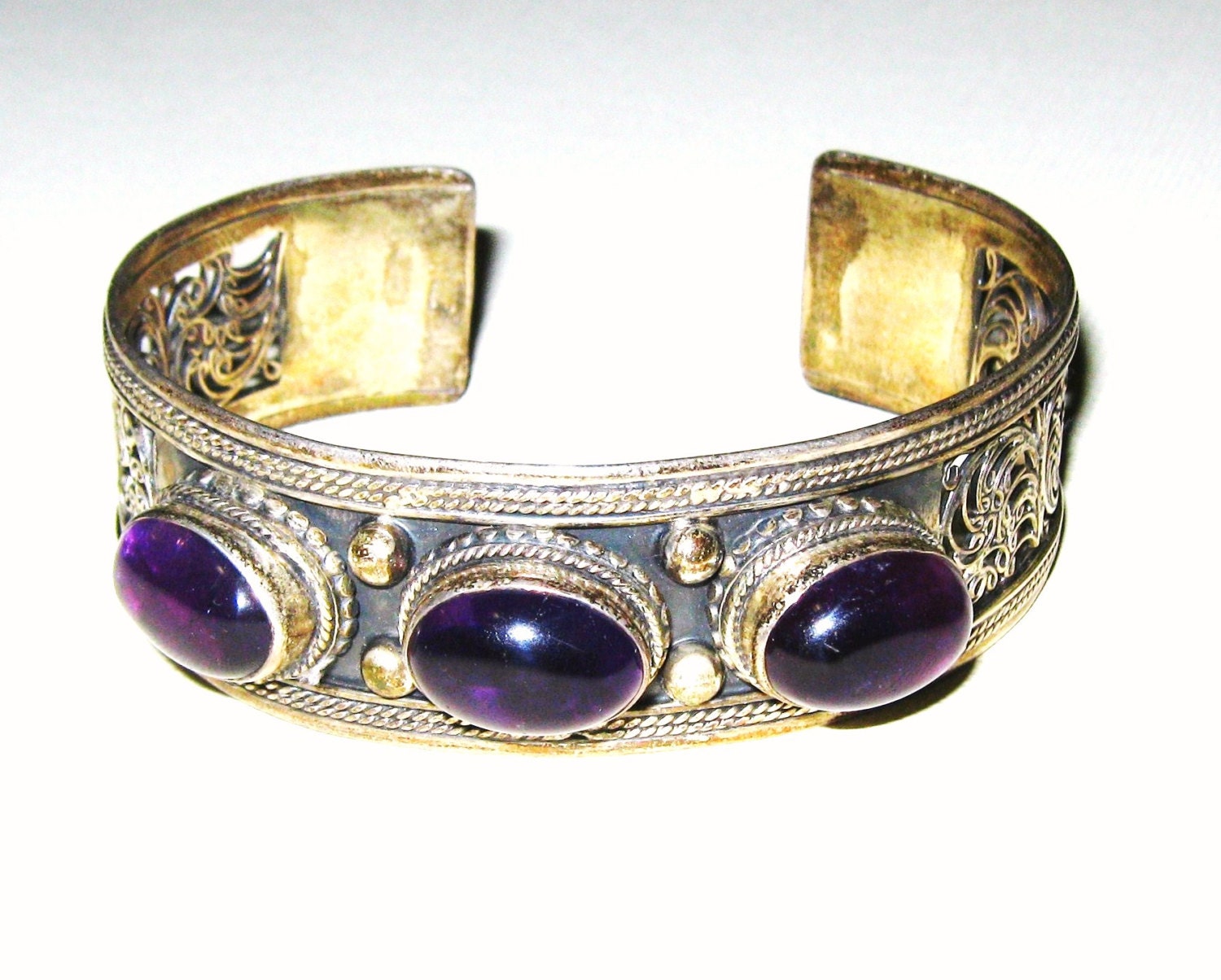 Vintage Estate Amethyst Ornate .925 Stamped Cuff Bracelet