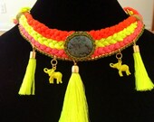 Tondi necklace - made of hand woven elements, adorned with zircon crystals, natural agate cabochon, neon tassels and elephant charms