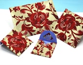 4  SPECIAL Red, Ivory and Gold Rose Sari Fabric Envelope, UNIQUE Hand Crafted ROSES Indian Sari Fabric Envelopes, Lineing Purple Cardstock