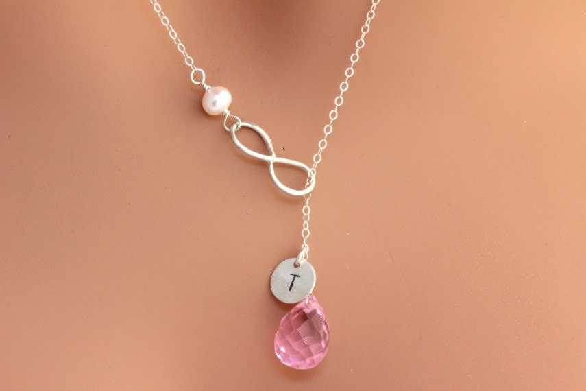 6 sets of  Personalized Infinity Necklace,Birthstone Initial Necklace.Bridesmaid Gift.Sterling Silver Y Necklace.Pink Quartz Jewelry.