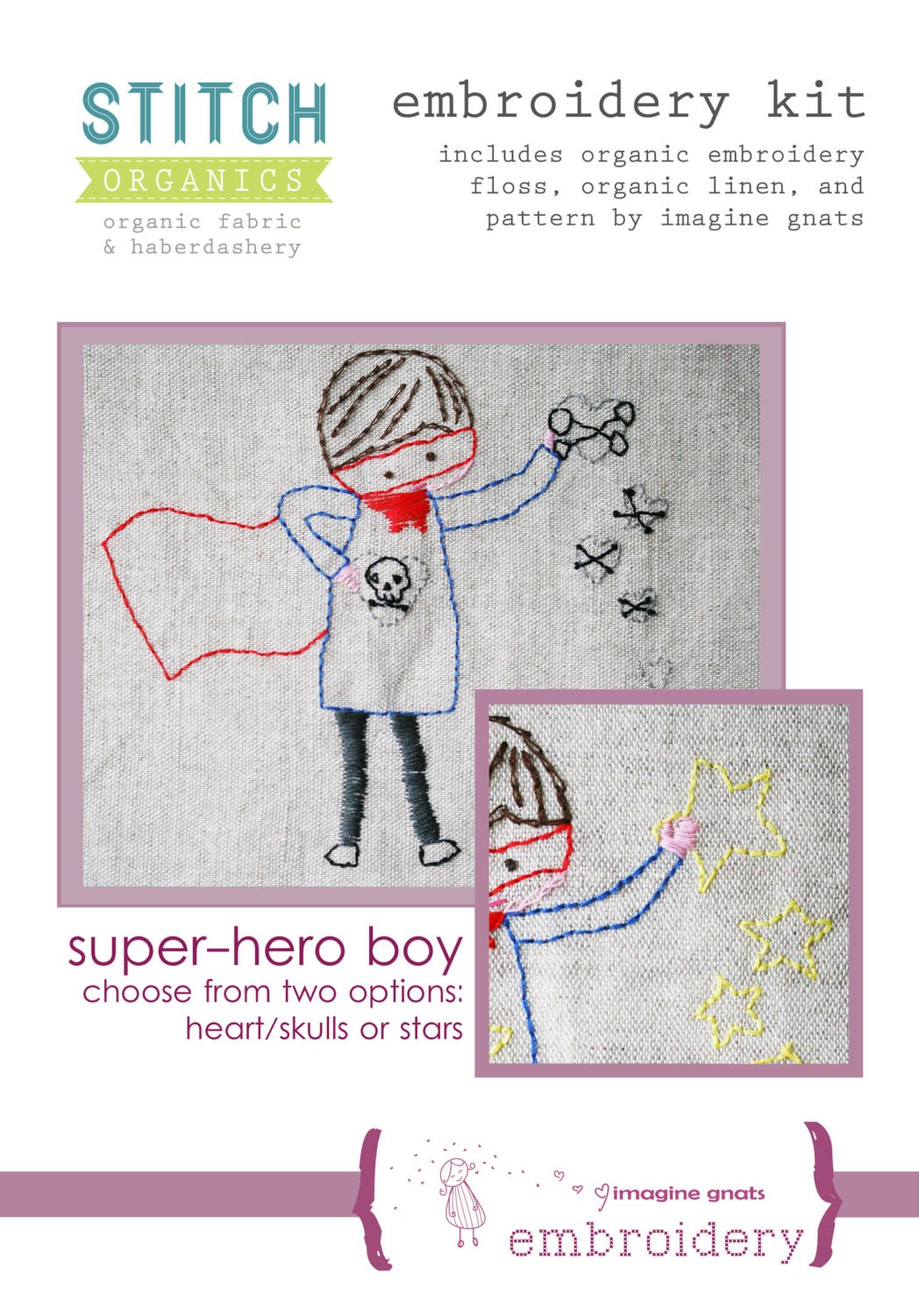 Organic Embroidery Kit, In Superhero Boy or Girl Design