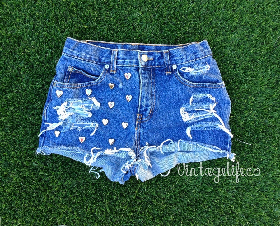 Vintage High Waisted Shorts with Heart Studs Distressed Medium Wash