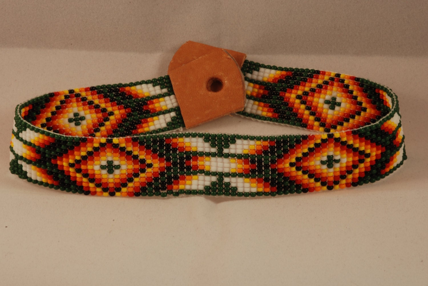 Native American Indian Inspired Seed Bead Choker Necklace Hairband Bracelet Leather 13 1/ 4 Inch Feather Diamond Dark Green