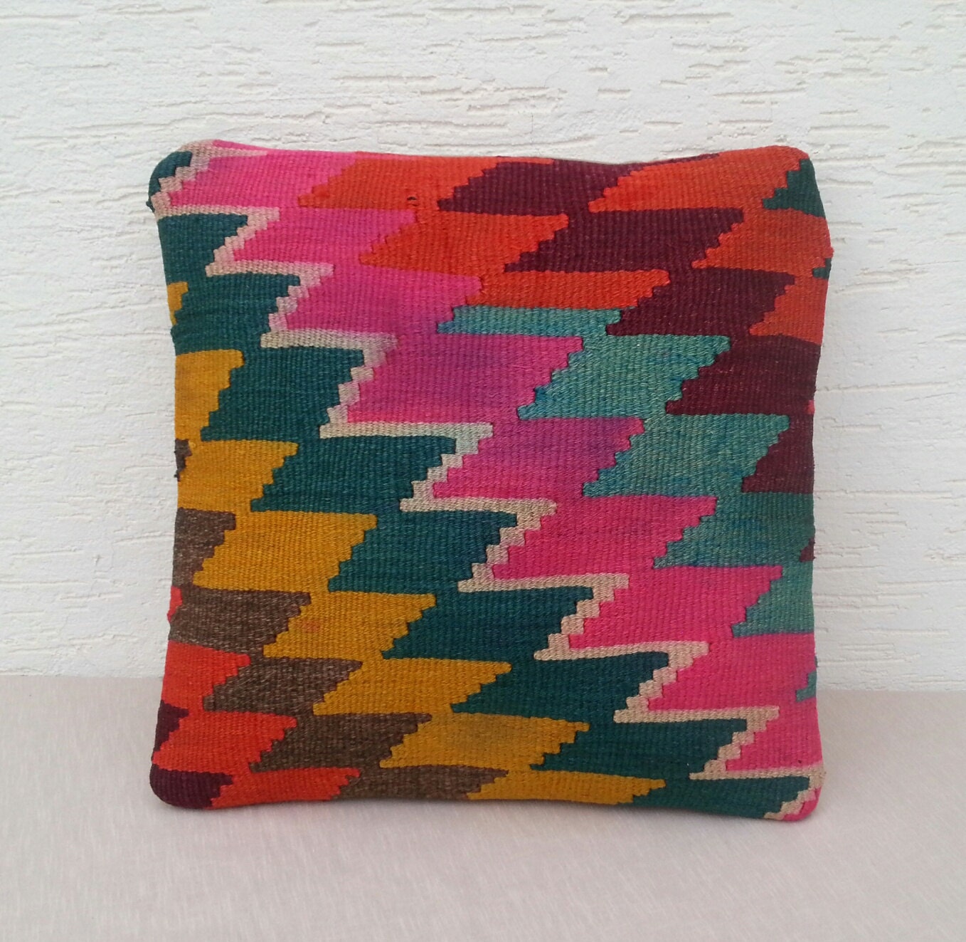 VINTAGE Home Decor, Handwoven Large Wool Turkish Kilim Pillow Cover,Pink Green Orange Yellow  Decorative Throw Pillows,Tribal Pillow.