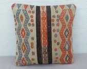 VINTAGE  Handwoven Embroidered Orange Blue Black Turkish Kilim Pillow Cover 16x16 inch,Decorative Throw Pillows,Ethnic Pillows.
