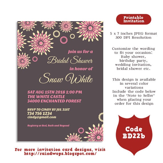 Sunflower Printable Invitation Card for Bridal Shower, Baby Shower, Birthdays, Wedding
