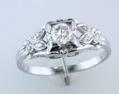 Flower & Leaf  Antique Art Deco Diamond Engagement Ring, 18k White Gold and Palladium