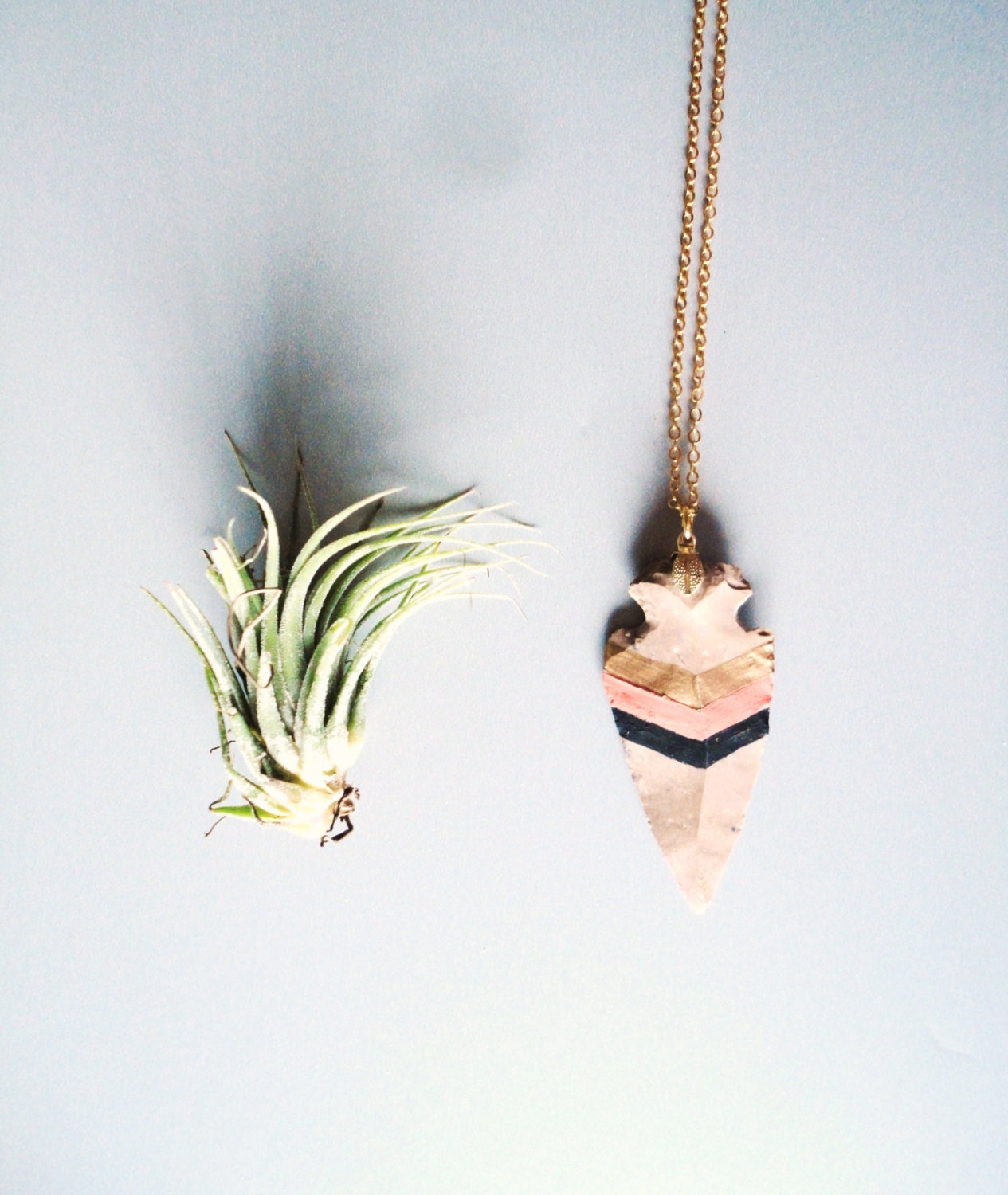 Handpainted Native American Arrowhead Necklace- Chevron Striped Coral, Black, Gold