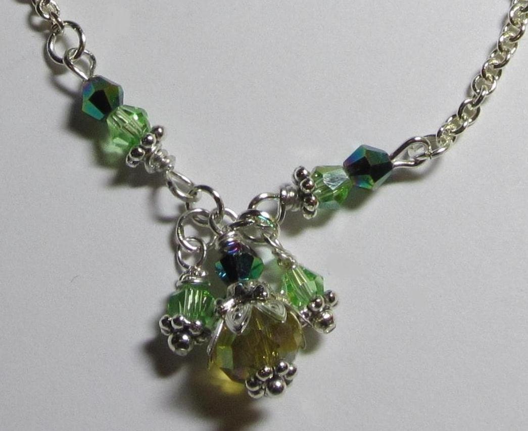 Green Elven Flower Triple Dangle Faceted Crystal Pendant Necklace-Fairy, Silver Chain,Forest,Handmade,Swarovski,AB,Magical