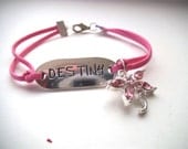 Eco-Friendly Silver "Destiny" and Pink Faux Leather Bracelet with Pink Crystal Dragonfly, Vegan