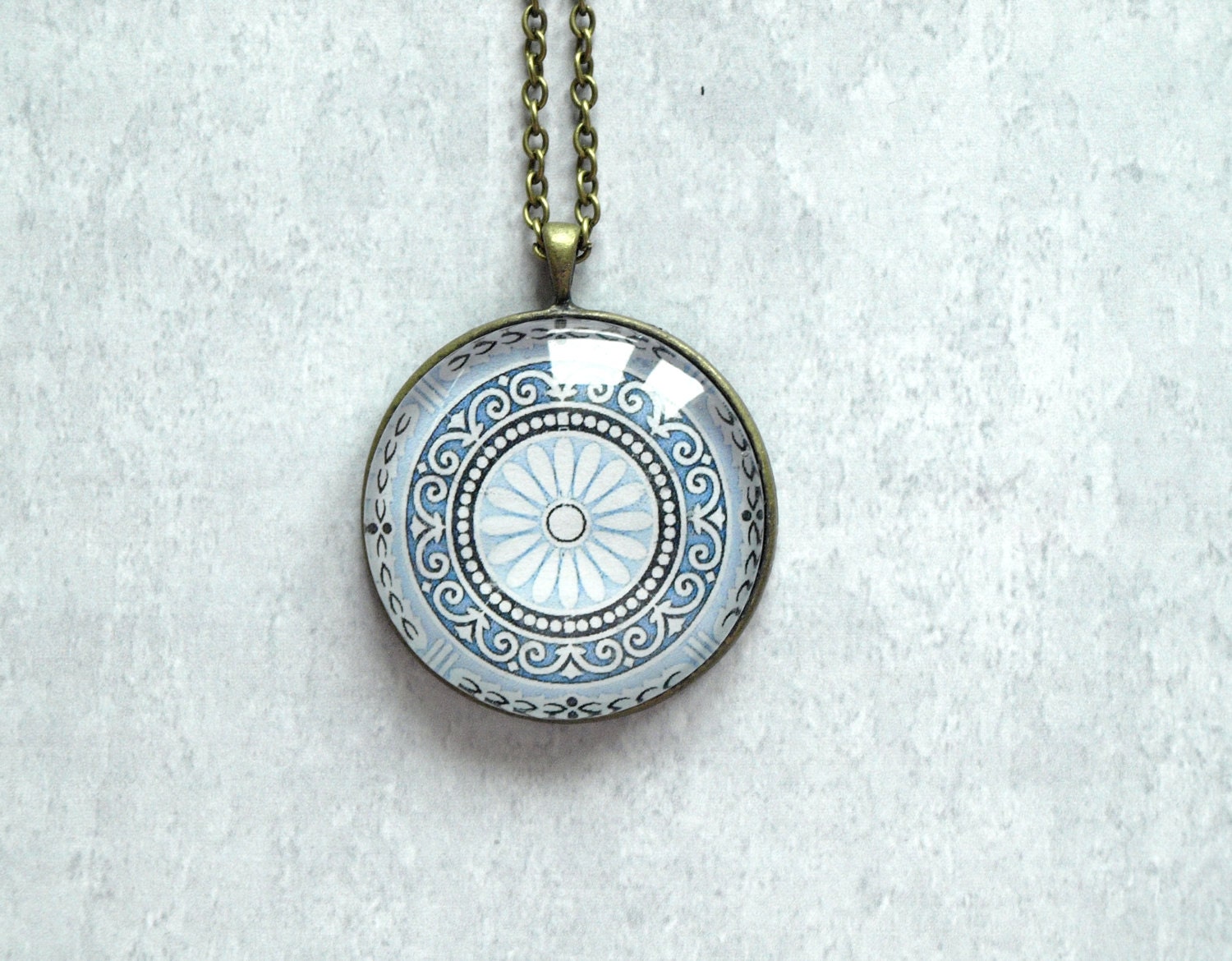 Blue Vintage Ornament pendant - oriental pendant necklace - Rosette pendant necklace - glass dome pendant- glass cabochon pendant - ShoShanaArt
