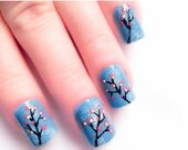 SALE Japanese Cherry Blossom Fake Nails Hand Painted Nail Art