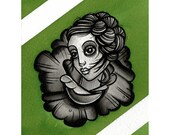 Olive Gypsy Girl in Rose - Tattoo Art Print - A4