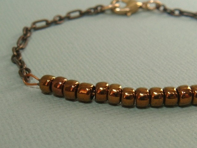 Bronze Iridescent Seed Bead Bracelet Glass Seed Beads Ox Brass Chain