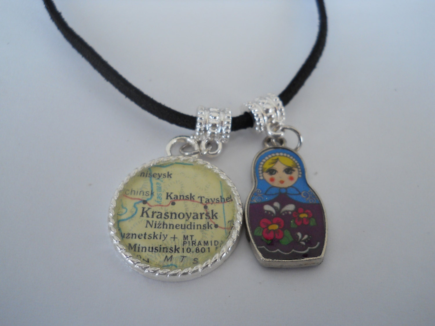 Russia. USSR. Adoption. Kazakhstan. Ukraine. Matryoshka Pendant Necklace World Map of Any Location Black Suede Chain