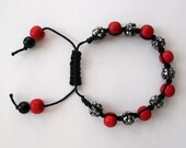 Adjustable Macramé Bracelet With Red Wooden Rounds and Black Resin Rhinestone Beads on Waxed Cotton Cord