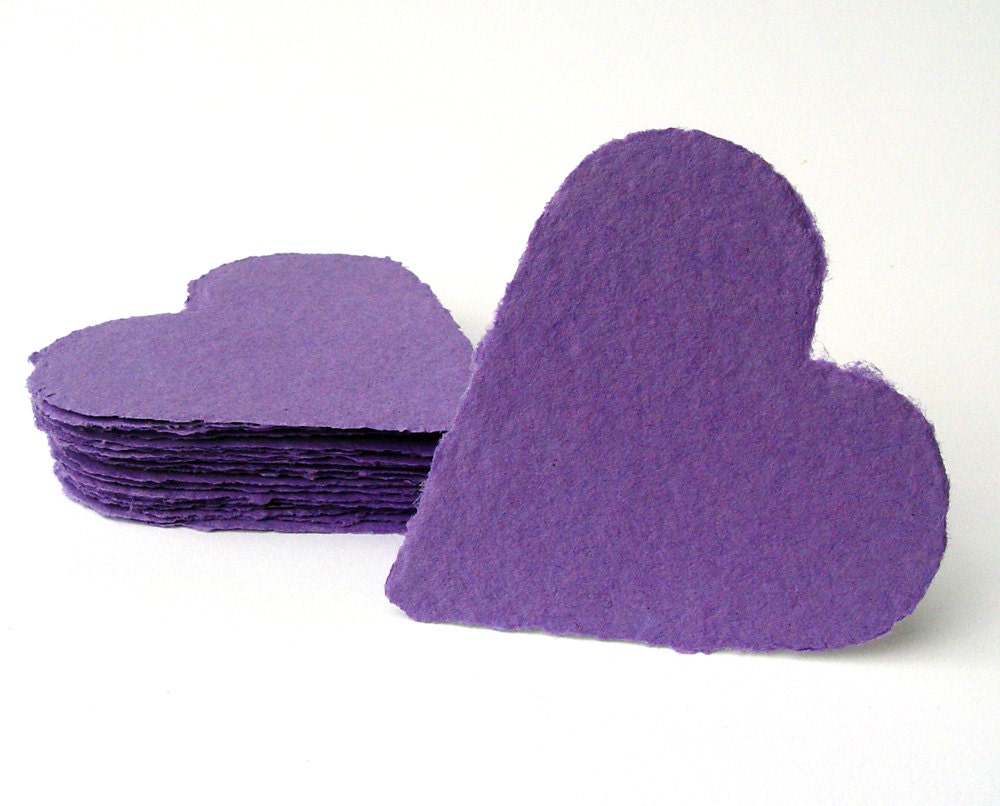Purple hearts, handmade paper, recycled, deckle edge, set of 10