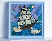 Nautical Blue Kids Art - 4x4" Children's Art Baby Boy Blue Ship Nursery Decor - Pirate Ship with Little White Ducks in the Ocean