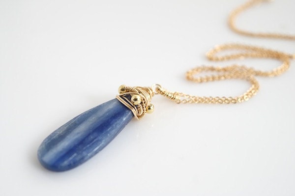Pendant Necklace, Blue and Gold Necklace, Wire Wrapped Necklace, Statement Necklace,