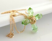 Green Cross Necklace, Swarovski Crystal Necklace, Gold Necklace, Green Birthstone Necklace