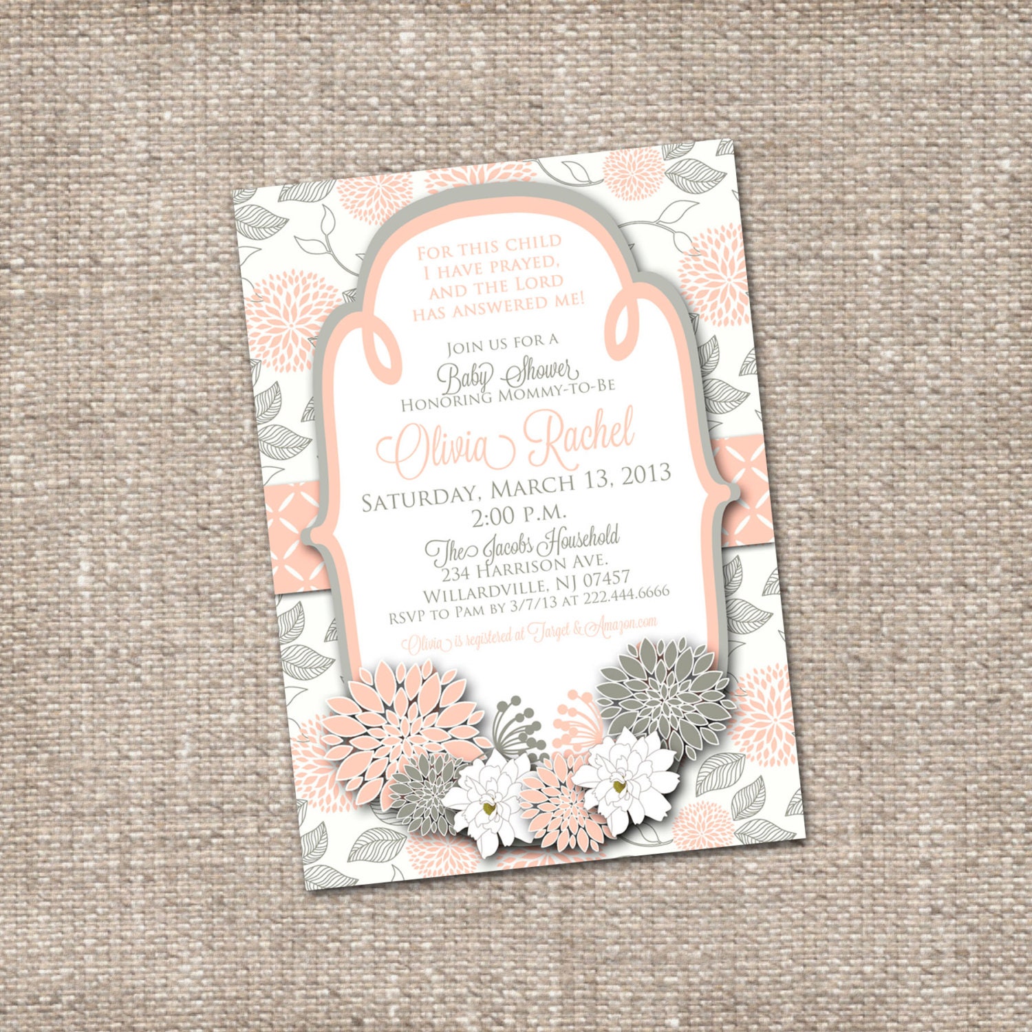 Floral Modern Christian Baby Girl/ Bridal Shower Invitation - Printable DIY