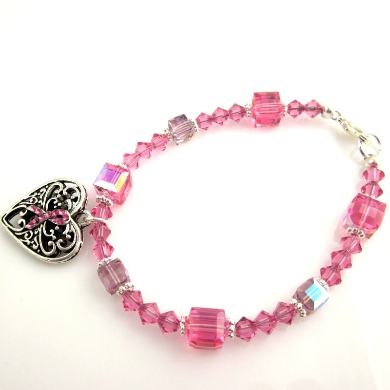 Pink Ribbon Beaded Bracelet, Breast Cancer Awareness Bracelet, Beaded Jewelry, Women's Jewelry, Gifts for Her