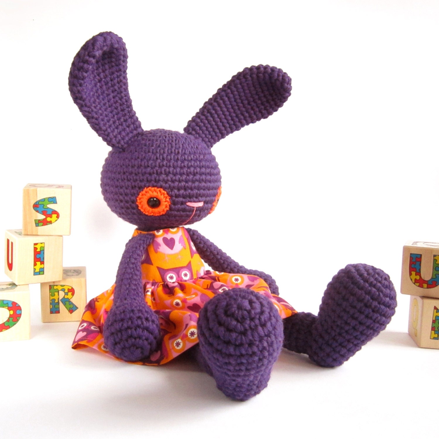 Amigurumi rabbit - Bunny in a cotton dress - Crochet stuffed animal - Cute toy - Baby shower gift - Purple, orange