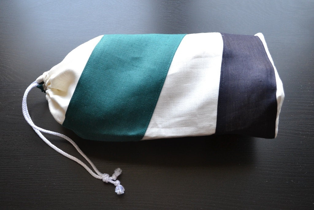 Linen Bread Bag - Teal, Navy Blue and White - Small Loaf Bag