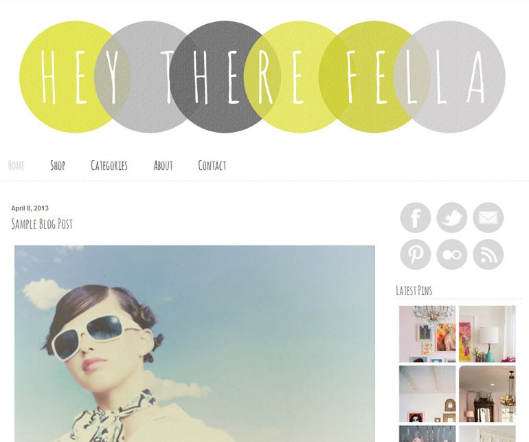 Premade Blogger Template Design - Hey There Fella Blog Theme - social icons - yellow and grey blog