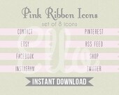 Social Media Icon Set - Instant Download - Ribbon Buttons - Pink Ribbon Icons for Facebook, Twitter, Pinterest, Etsy, Contact, Instagram