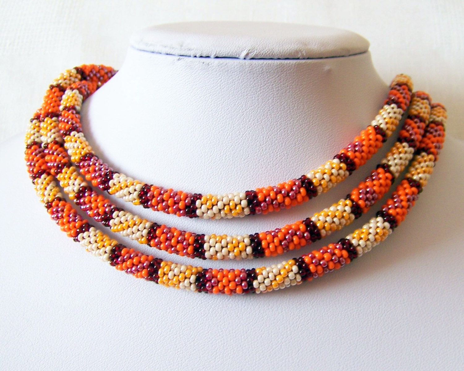 Long Beaded Crochet Rope - Fall Fashion - Geometric  - Patchwork - colorful bohemian jewelry - seed bead necklace - Orange - Red - Beige - lutita
