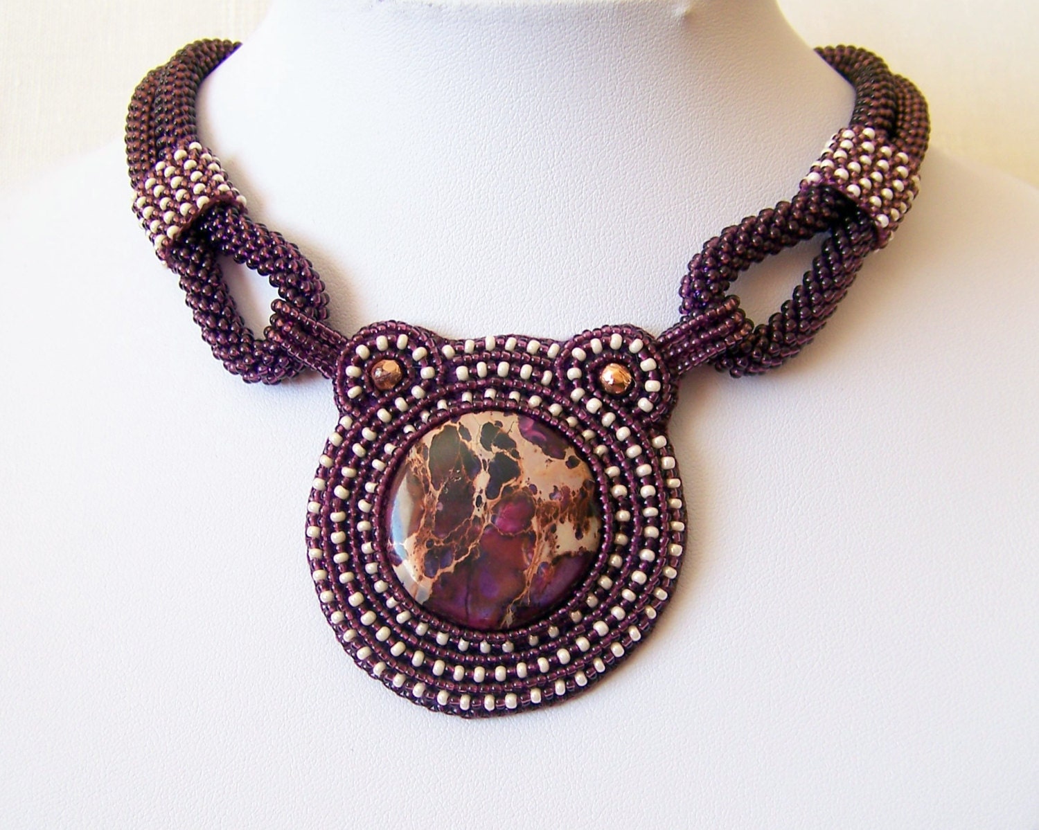 Statement Beadwork Bead Embroidery Pendant Necklace with Purple Sea Sediment Jasper - PURPLE REALITY - purple - beige - lutita