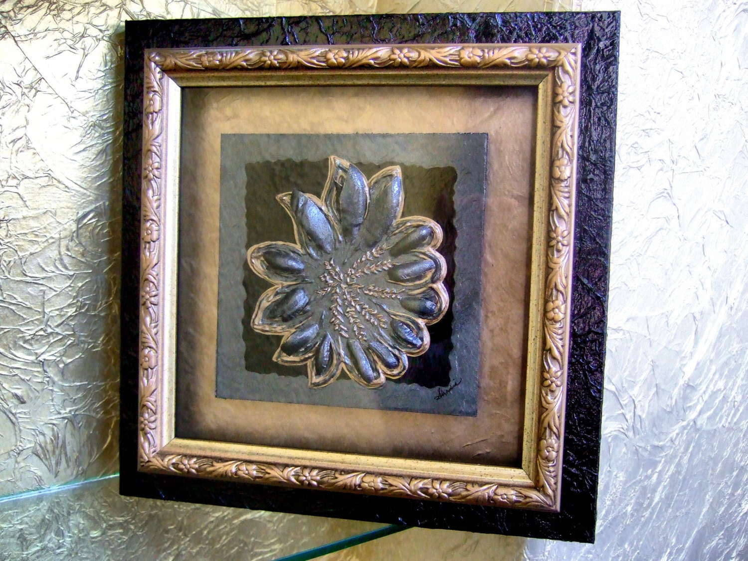 Elegantly Primitive Pair of 3-D Hand Painted Shadowboxes, Metallic Colors of Slate, Bronze and Gold With Jet Black Frames