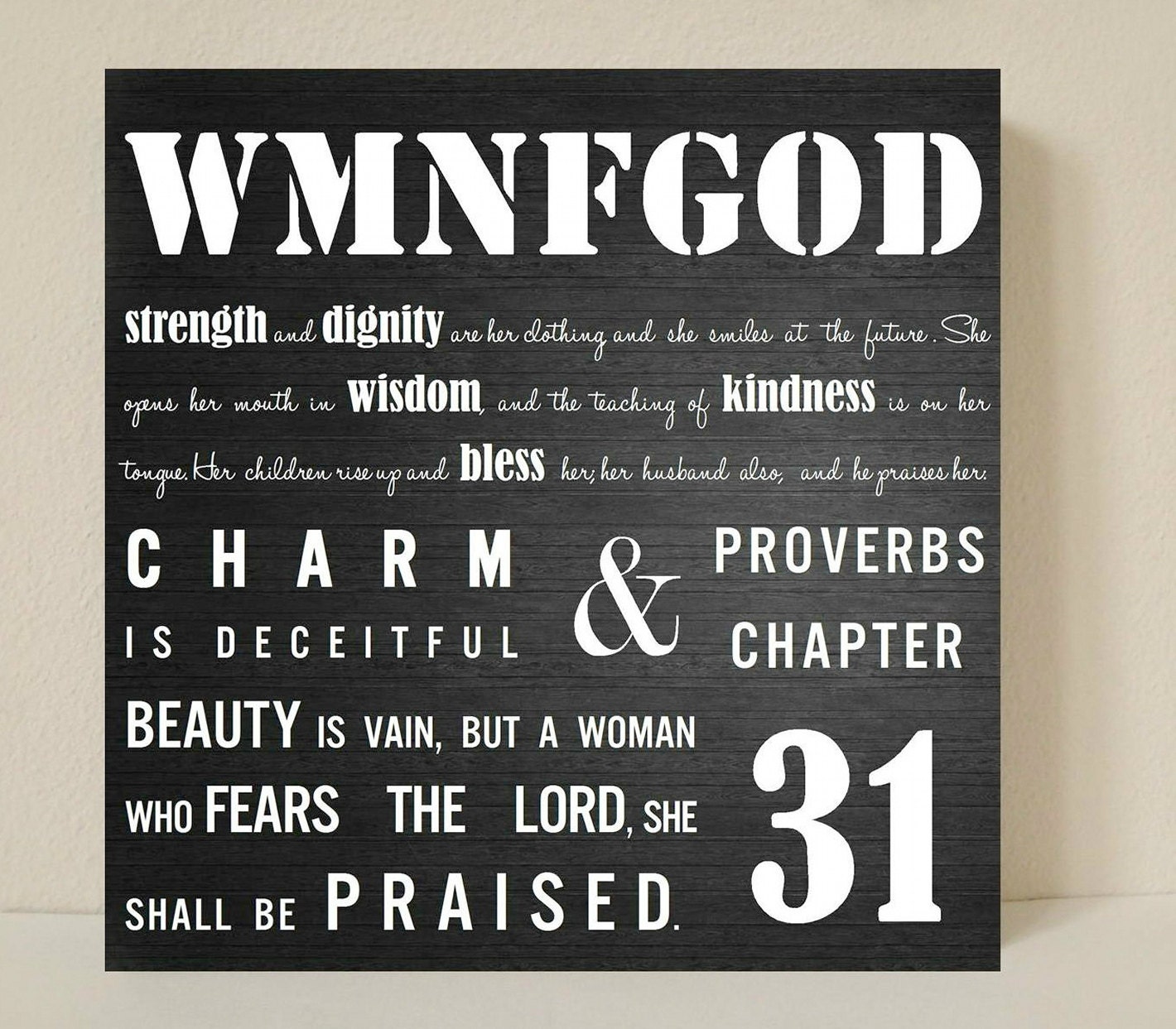 Subway Art Quote Sign Proverbs 31 Scripture on Wood Bible Verse Typography Sign HAND PAINTED Wood Sign 20" x 20" Woman of God Modern Square