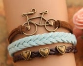 bike bracelet,retro bronze love bike with love heart bead,alloy bracelet,brown leather green braid bracelet---B216
