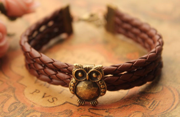 owl bracelet,retro bronze SUPER cute owl bead bracelet,brown braid leather bracelet---B238