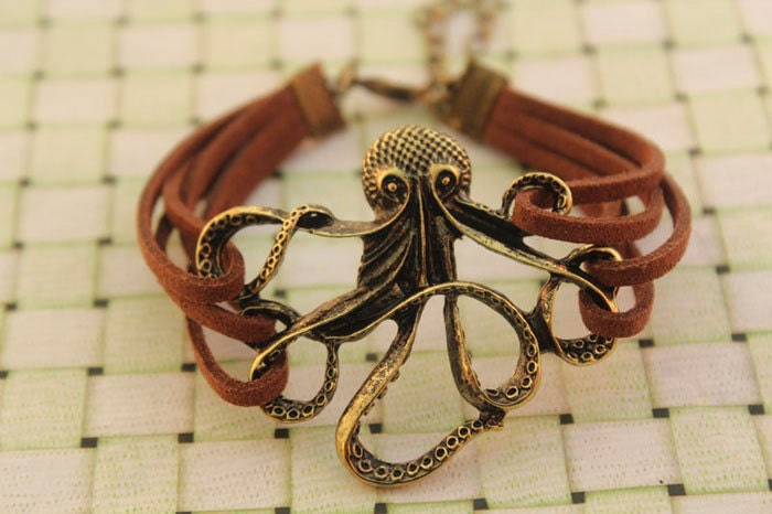 octopus bracelet,retro bronze octopus pendant,brown rope bracelet---B293